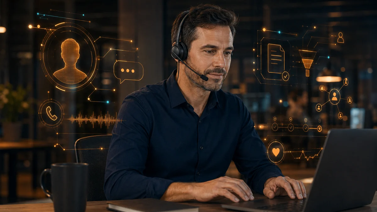 Conseiller relation client qualifiant et suivant une demande depuis son poste de travail.
